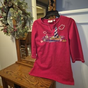 Quacker Factory Red Kids Long Sleeve Tee with Lighthouse Design